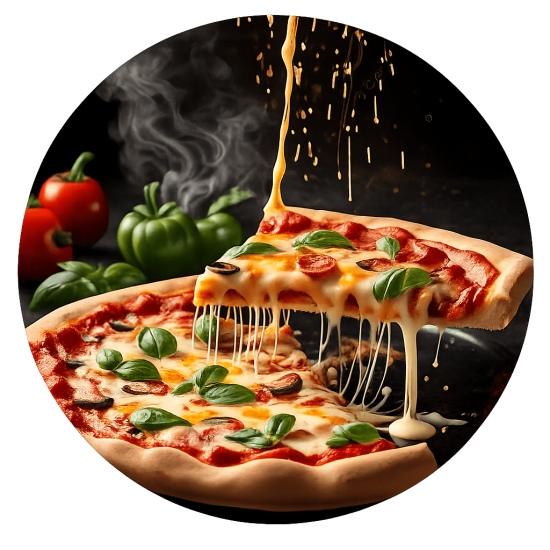 Melted cheese on fresh pizza slice